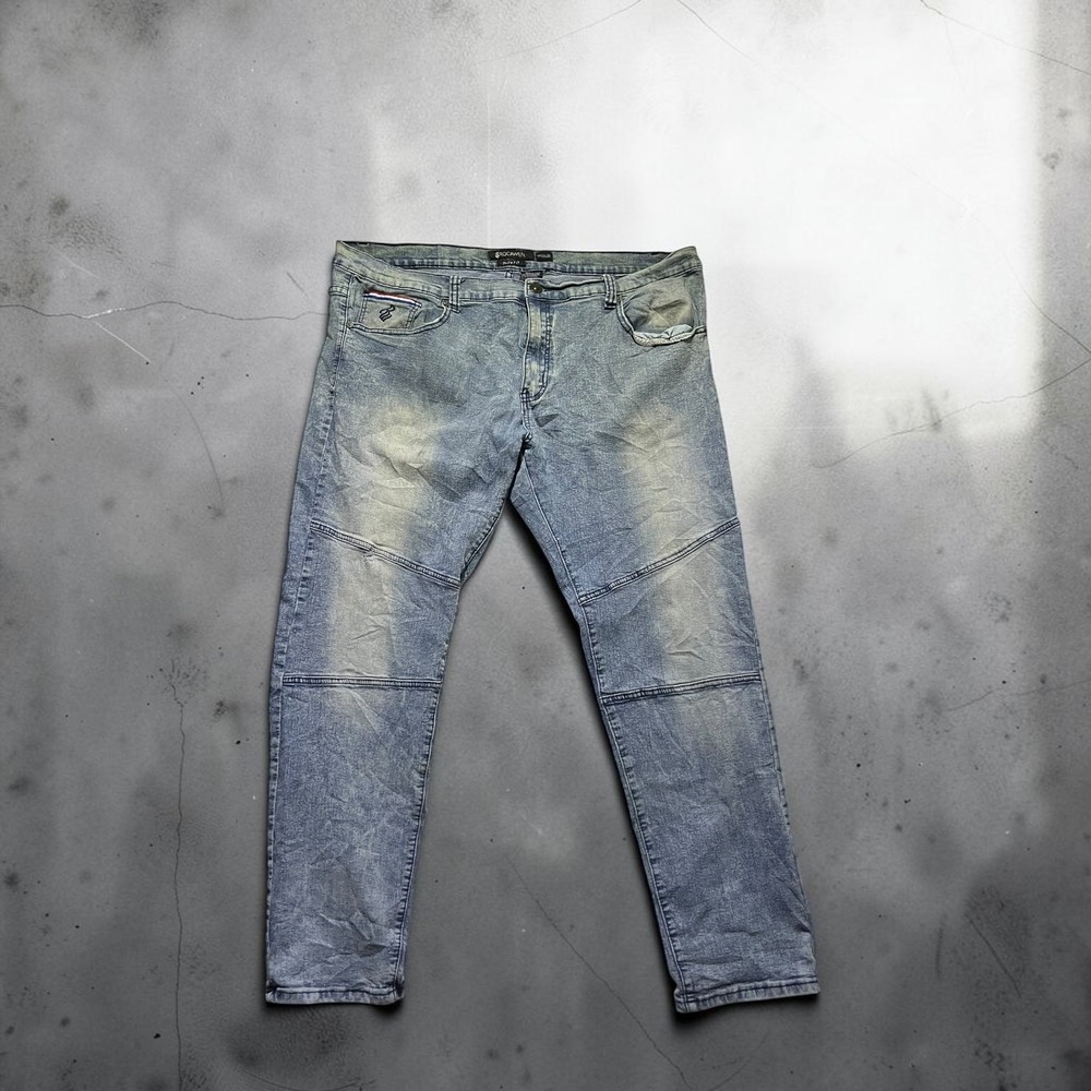 Rocawear‎ Mens Slim Fit Moto Jeans Light Wash Blue Denim W42 L32 Stretch Hip Hop